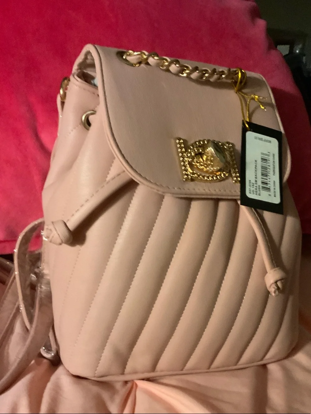 bebe Pink Quilted Mini Backpack with Gold Chain Detail